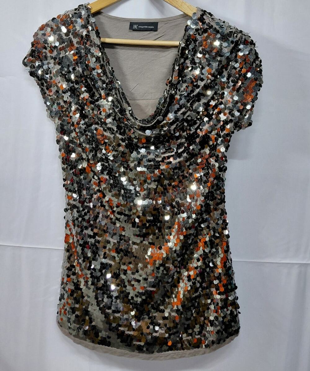 INC International Concepts Sequin Top Short Sleeve Women see measurements